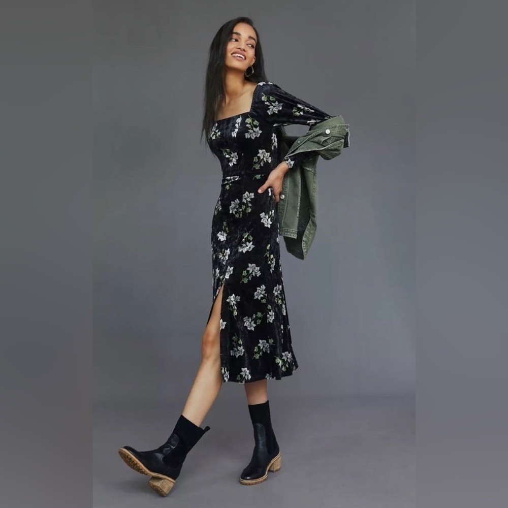 Anthropologie X Hutch velvet midi dress square neck side slit petite never worn